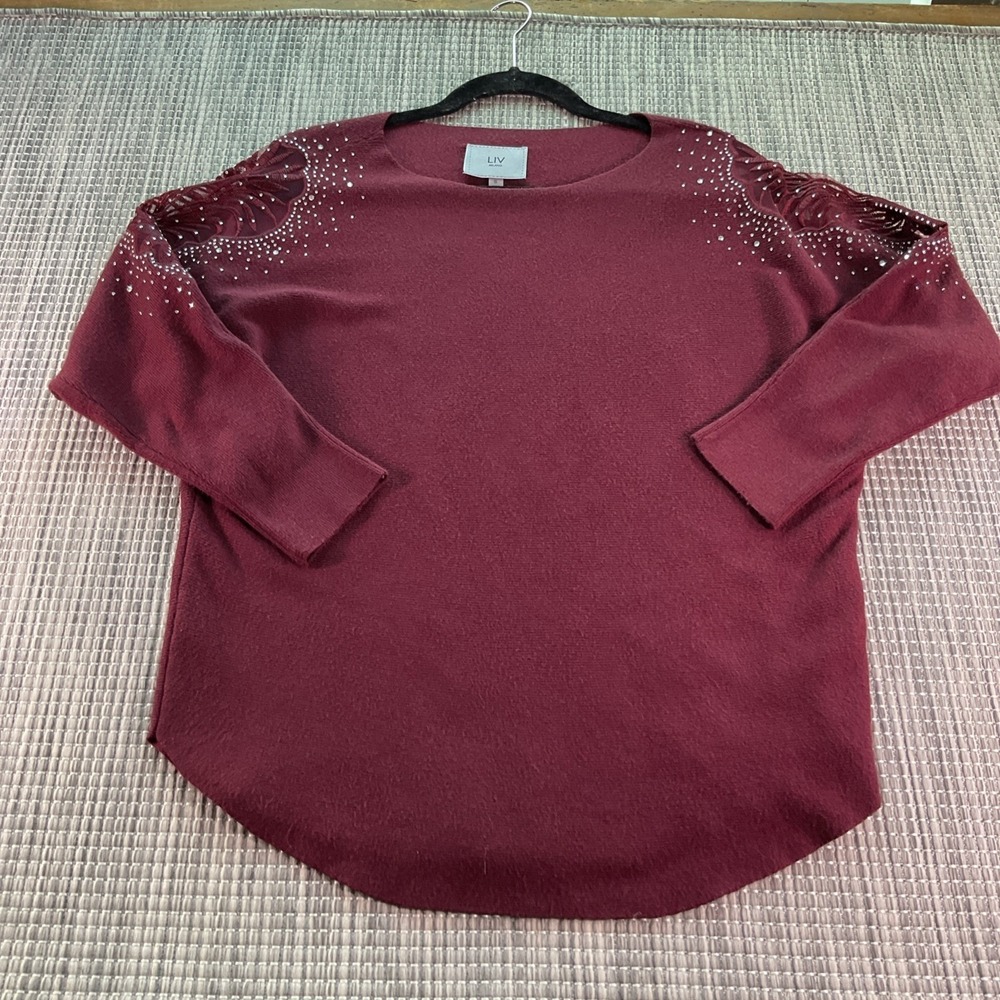 LIV Milano Burgundy Rhinestone Cut Out Shoulder Dolman Sweater Small